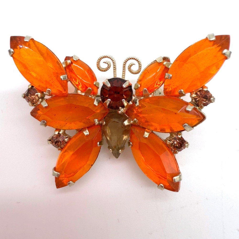 Vintage Orange Butterfly Brooch Lucite Rhinestone Gold Tone Retro Pin